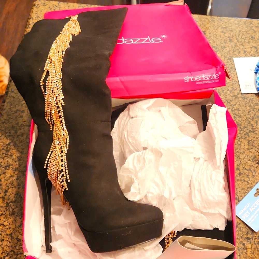 Black Suede Heeled Thigh High Platform Boots Size 9.5